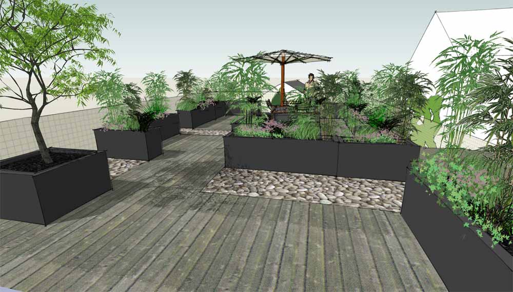 daktuin met houten terras, pebble stones en plantcontainers